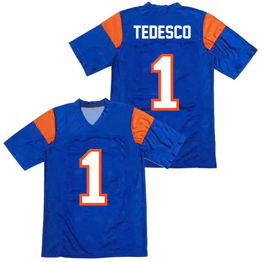 Фото Футболка Tedesco 1 Jersey Blue Mountain State TV Show Football с V-образным вырезом, летняя, свободная, мягкая, повседневная, с принтом, в стиле стритвир №3