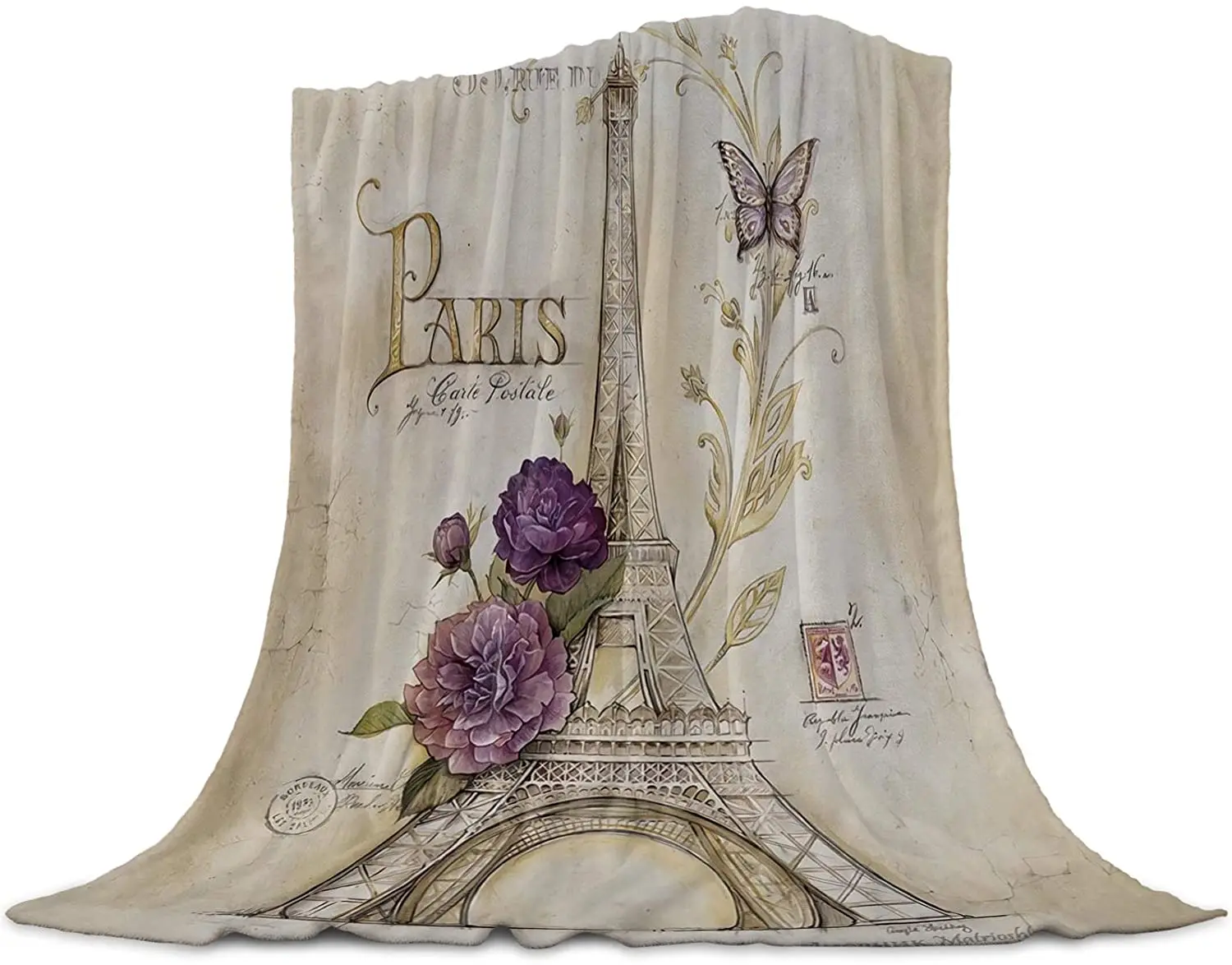 

Flannel Fleece Throw Blanket Vintage Butterfly Paris Eiffel Tower Soft Cozy Lightweight Blanket For Sofa Couch Bed Adults Kids