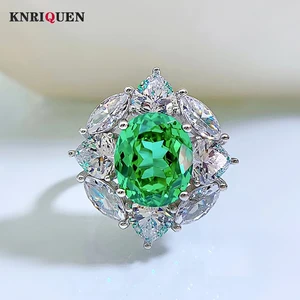 Womens 100% 925 Sterling Silver 10*12mm Green Tourmaline Rings Charms Gemstone Lab Diamond Wedding Engagement Band Fine Jewelry
