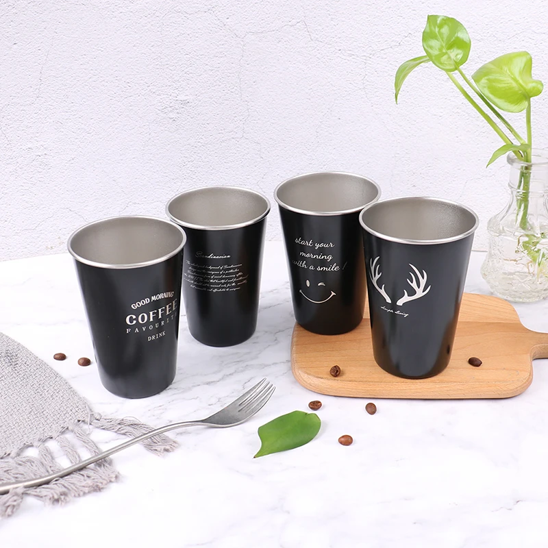

Black Stainless Steel Coffee Mug Silicone Lid Creative Letter Pattern Travel Camping Tea Milk Cups Home Office School Gift 500ml