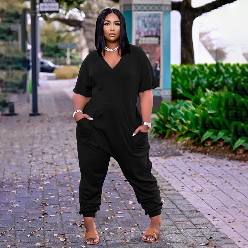 Plus Size Women Long Jumpsuit Solid Pocket Loose One Piece Cloth Lady Pencil Pants 2023 Summer Female Elegant Jumpsuits