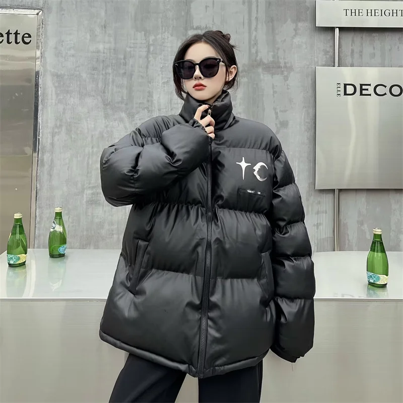 Winter Oversized Leather Warm Parka High Street Black Stand Collar Long Sleeve Vintage Jacket Women Harajuku Fashion Coat 2022