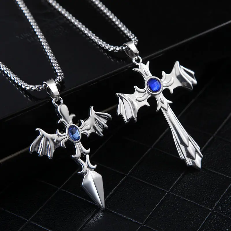 2022 New Titanium Steel Angel Devil Sword Zircon Cross Necklace Pendant Trend Angel Demon Necklace for Man Gift Charms Jewelry