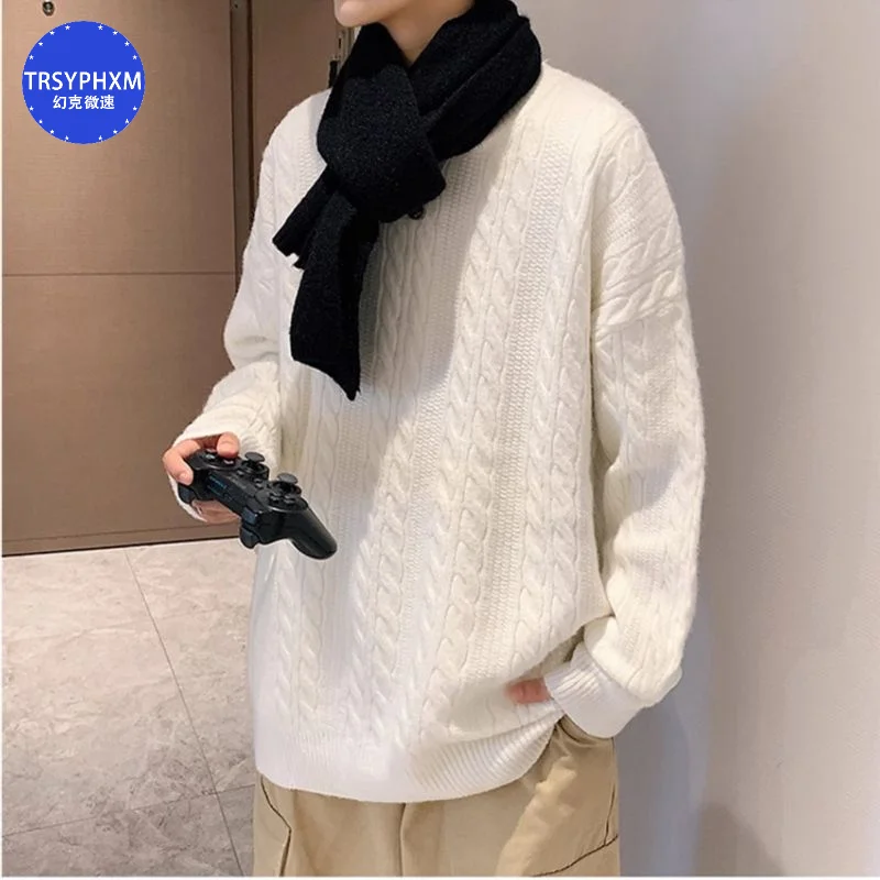 TRSYPHXM 2024 новый однотонный свитер мужской свободный с круглым вырезом модный