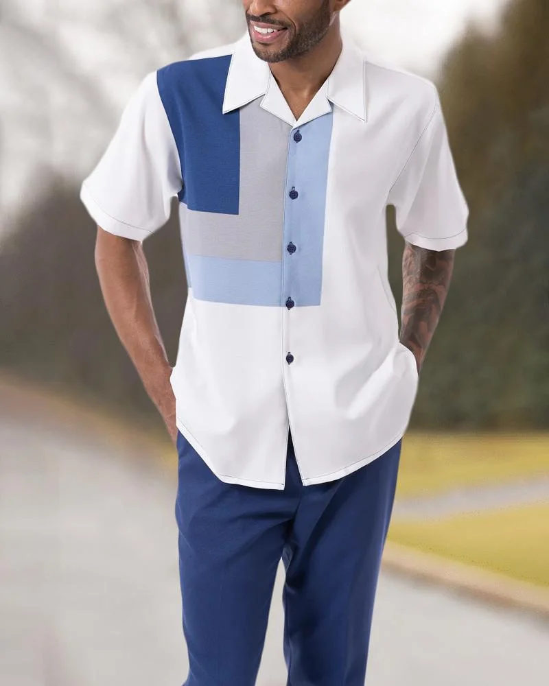 2023 men's short-sleeved shirt+suit pants two-piece street casual black printed lapel single-breasted shirt walking suit 4XL