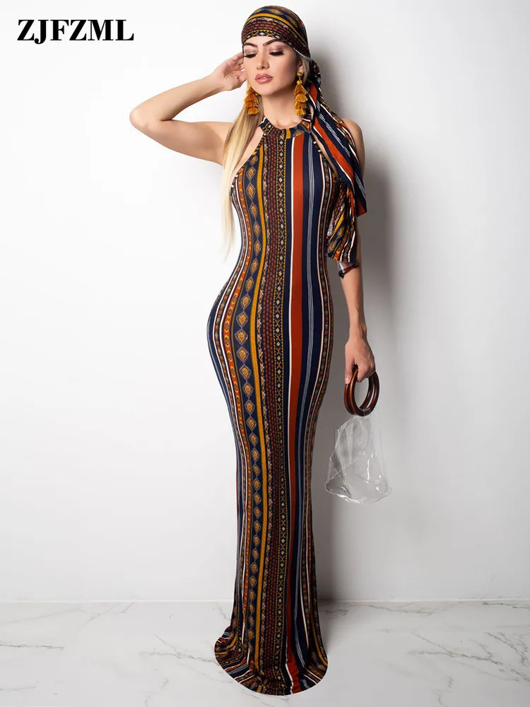 

Striped Printed Vintage Bohemian Beach Dress Women O Neck Sleeveless Holiday Dress Casual Vacation Maxi Dress With Head Scarf