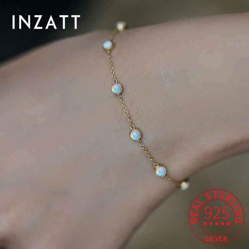 

INZATT Real 925 Sterling Silver Opal Bead 18K Gold Chain Bracelet For Fashion Women Party Trendy Fine Jewelry Exquisite Gift