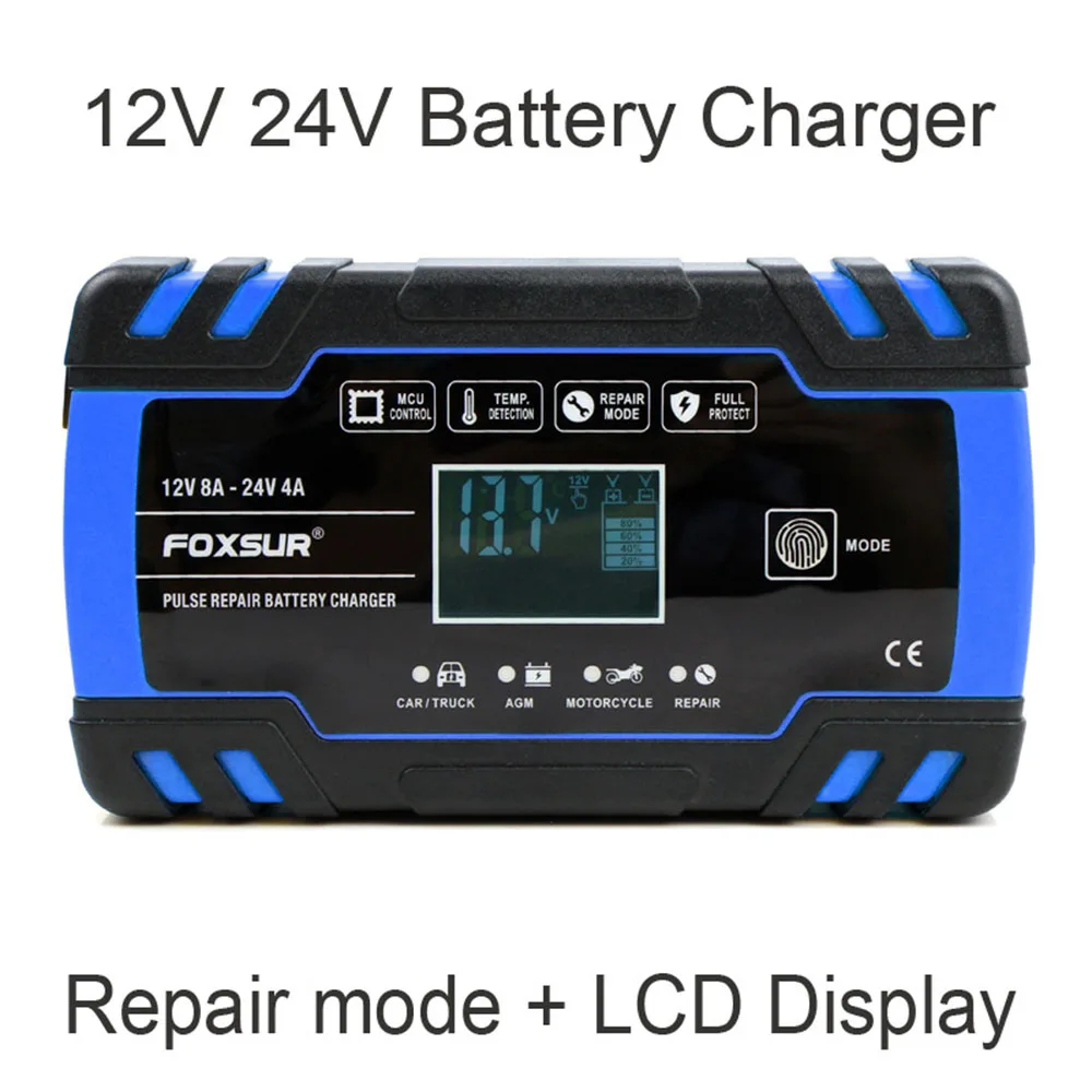 12V 24V 8A Battery Charger Motorcycle Car Fully Intelligent Pulse Repair Battery Charger AGM Truck Repair Charger EU US Plug