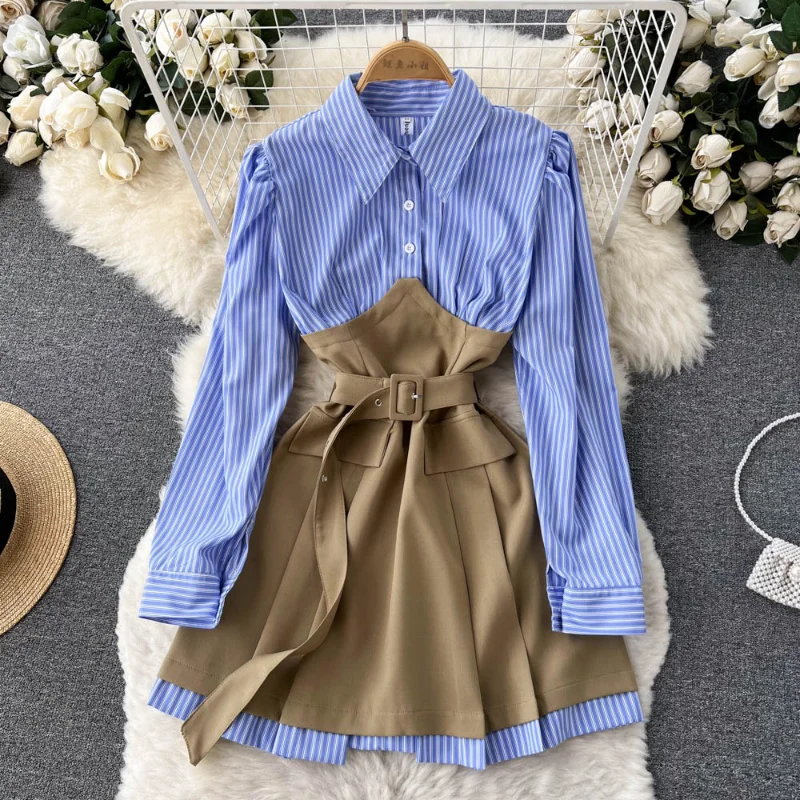 New Women's Clothing 2023 Autumn fake two pieces puff Long sleeve Striped shirt Dress With belt vestido
