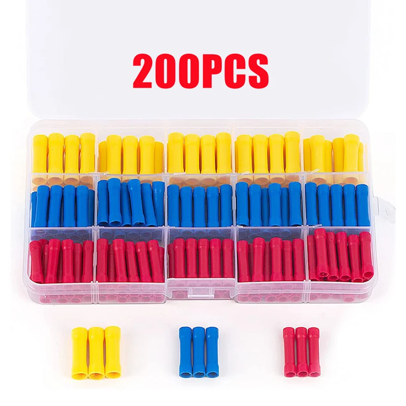 

200pcs Butt Splice Crimp Connectors Insulated Electrical Straight Wire Terminals 10-22AWG Assorted Connectors BV1.25 BV2.5 BV5.5