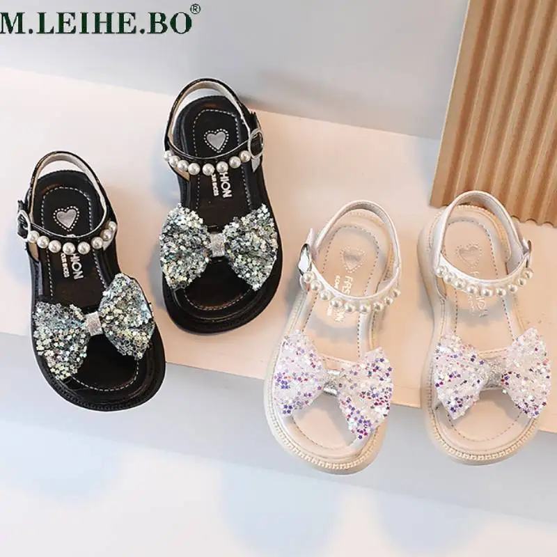 

Princess Children's Sandals New Bow Bling Pearl Fashion Sandals for Girls Non Slip Soft Designer Toddler Kids Summer Shoes