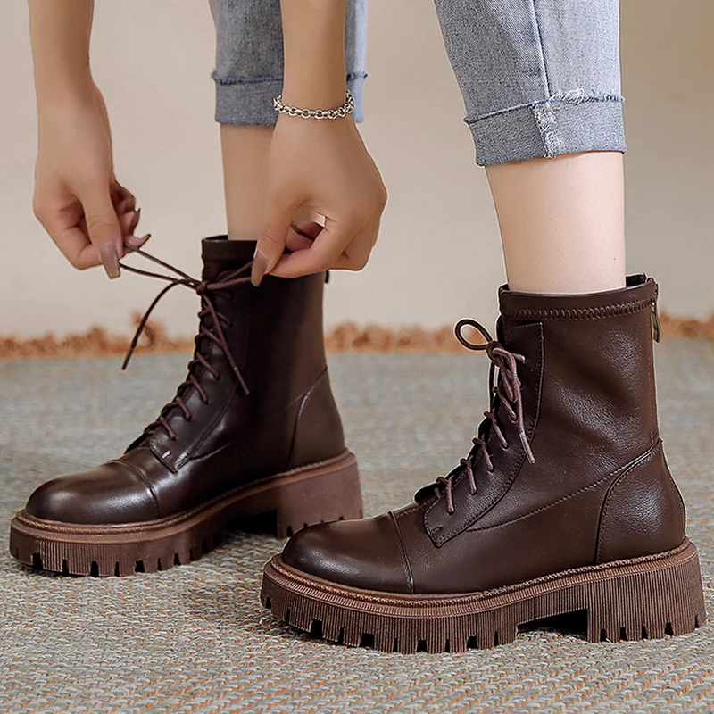 Round Head Square Heel Women Casual Boots 2022 Autumn New Fashion Platfrom Lace-up Back Zipper Women Chelsea Motorcycle Boots