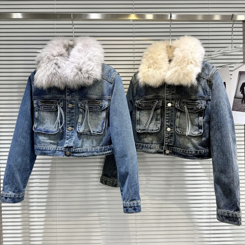 

PREPOMP 2023 Winter New Collection Fox Fur Collar Rabbit Fur Liner Blue Denim Jacket Women Warm Coat GL997