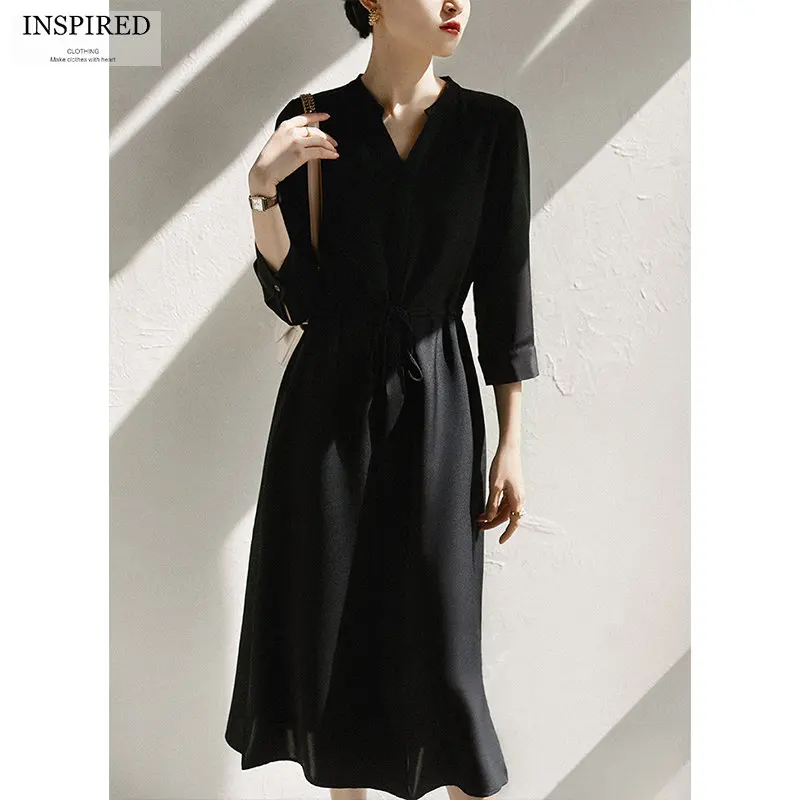 

Платье женское однотонное с V-образным вырезом, элегантный простой приталенный сарафан средней длины на завязках, модная офисная одежда, ле...