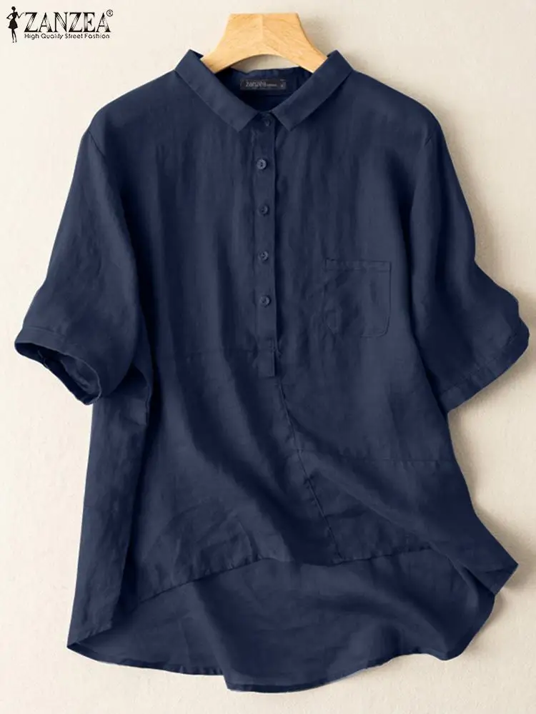 

Женская летняя блузка ZANZEA 2022, модные однотонные хлопковые топы, блузы с коротким рукавом, повседневные винтажные свободные рубашки с воротн...
