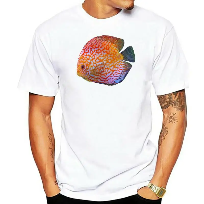 

Psychedelic Colorful Discus Fish Vintage Retro Cool Summer Short Sleeves Cotton Fashiont Shirt Men O Neck Tee Shirt 030963