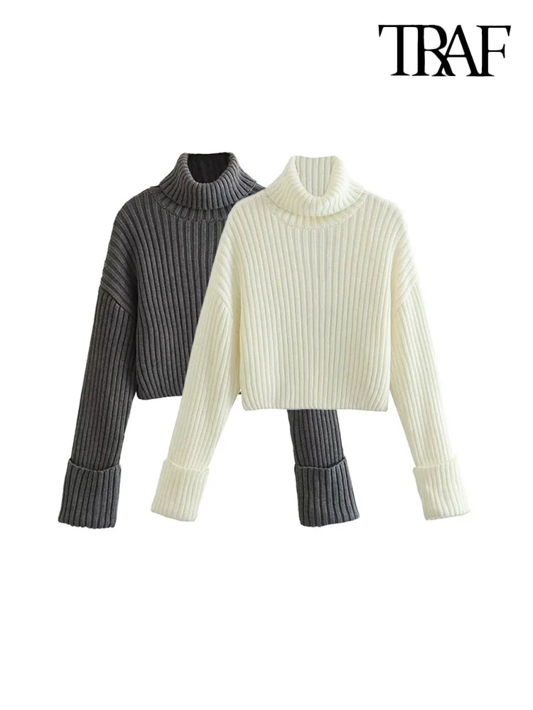 

Women Fashion Cropped Fitted Knit Sweater Vintage High Neck Long Sleeve Female Pullovers Chic Tops