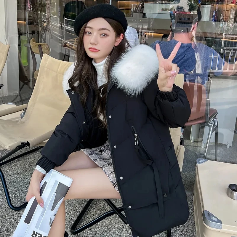 Down Cotton Jacket Women 2023 Autumn Winter New Korean Slim Padded Coat Female Large Size Fur Collar Hooded Long Parkas