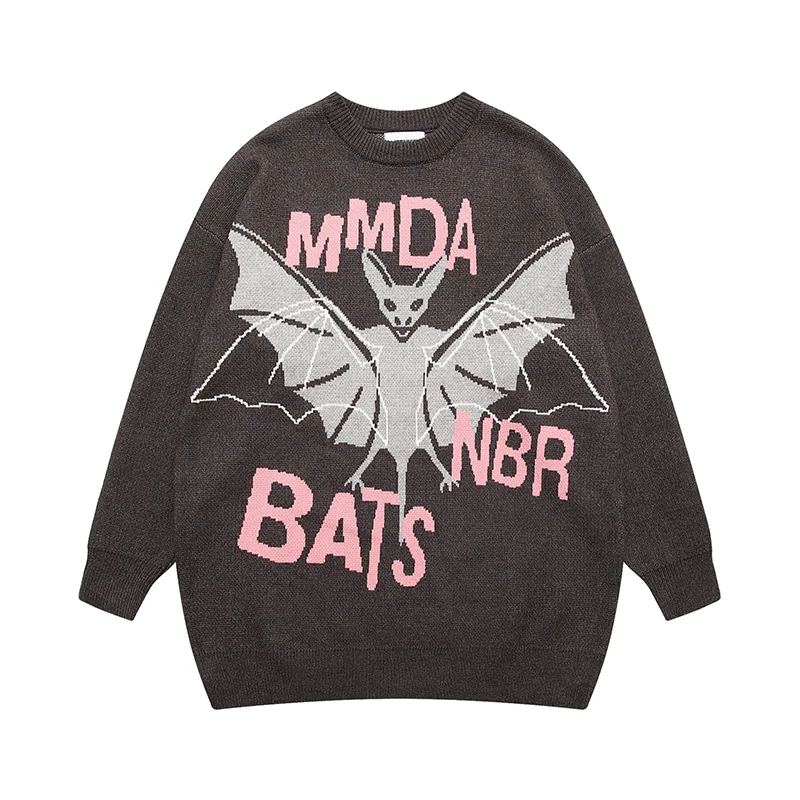 

Bats Letter Print Solid Color Retro Knitted Men's and Women's Winter Sweater Crew Neck Pullover Hip Hop Loose Clothes Oversize