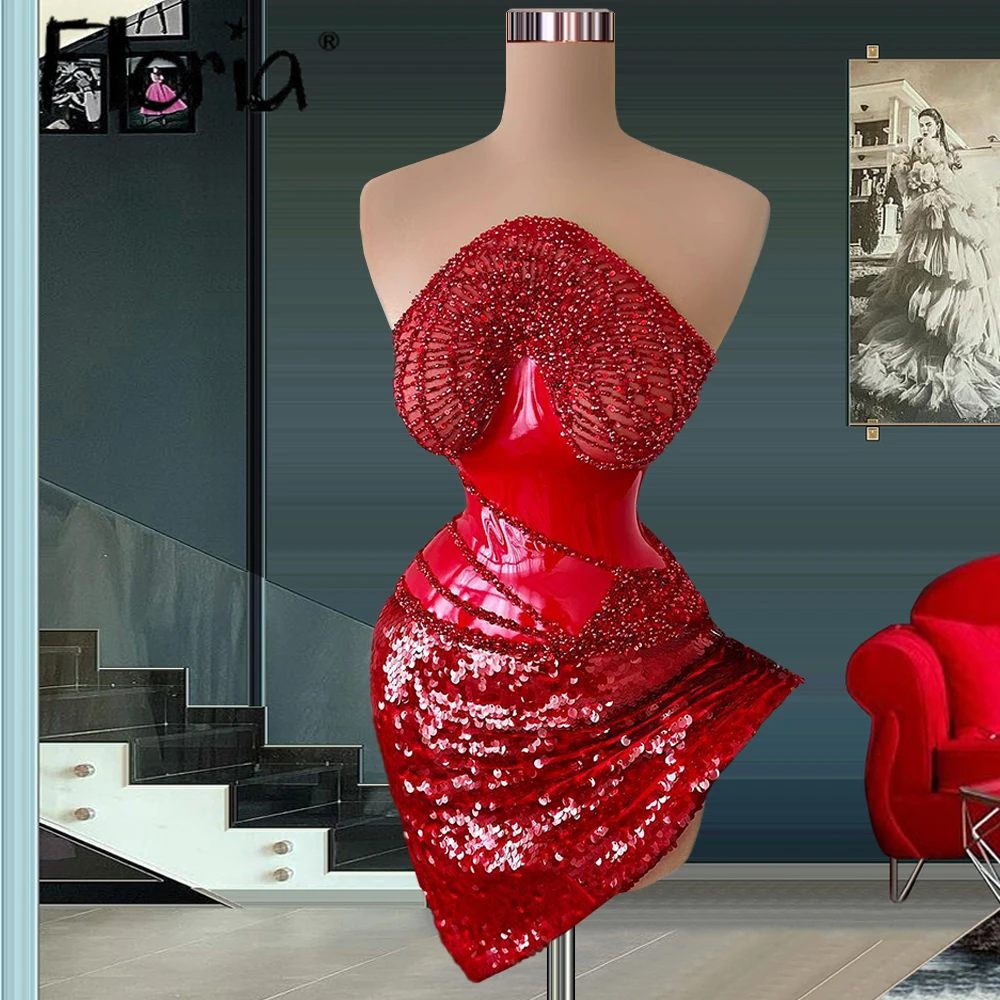 

Floria Fur Mini Prom Dress Sparkling Red Beaded Homecoming Graduation Dresses Glamorous Party Gowns Special Occasion Dresses