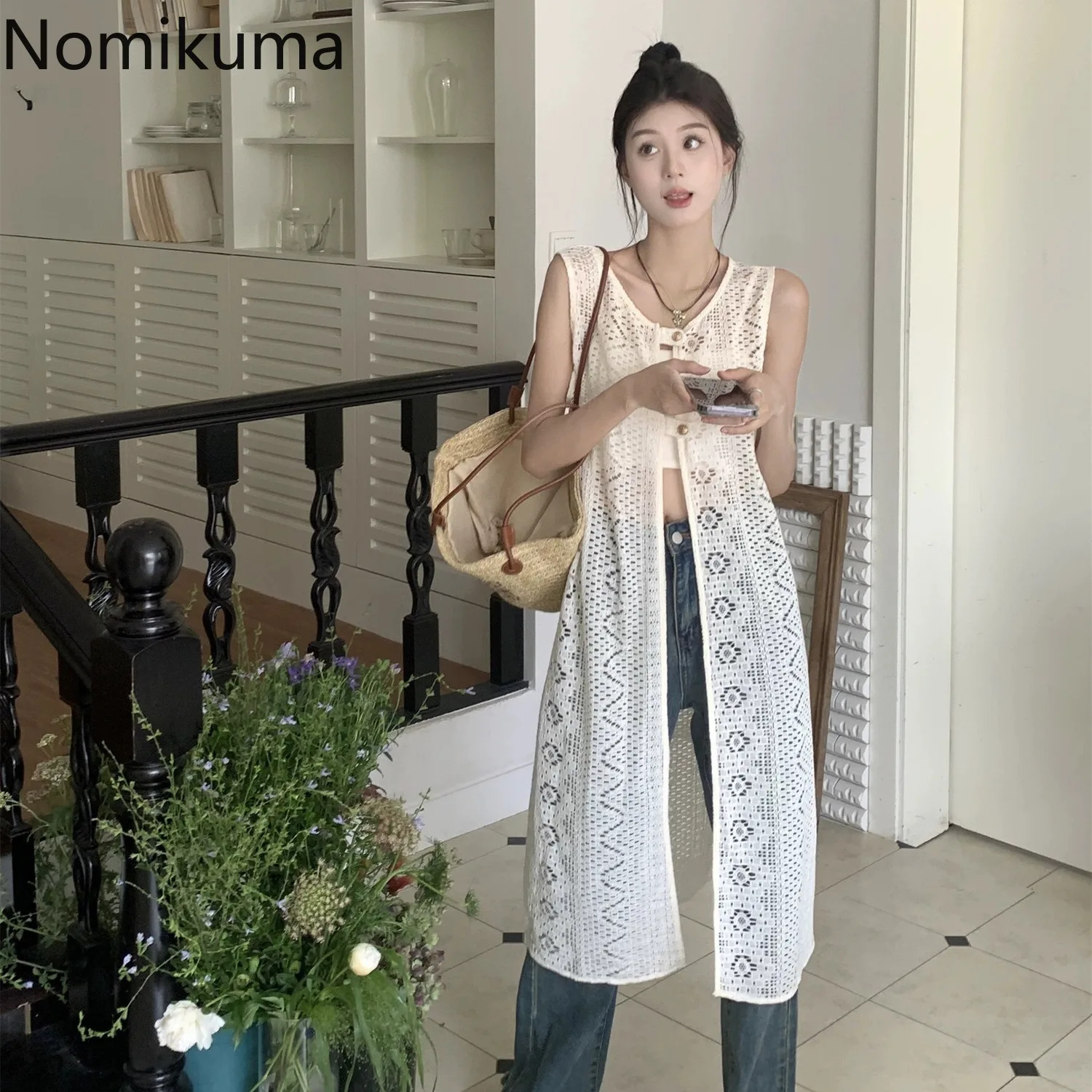 Женское кружевное платье без рукавов летнее тонкое свободное Прозрачное 2024