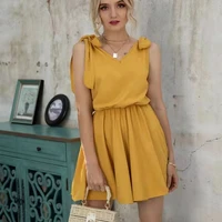 womens summer street chic summer street chic solid color tie tie waist tight v neck sleeveless wide leg one piece shorts