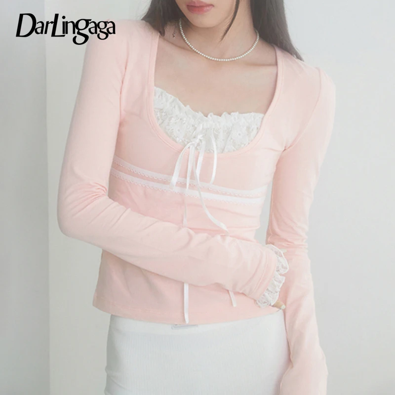 

Darlingaga Sweet Korean Lace Patched Female T-shirt Y2K Stitch Coquette Clothes Cropped Top Tee Autumn Bow Kawaii Slim Contrast