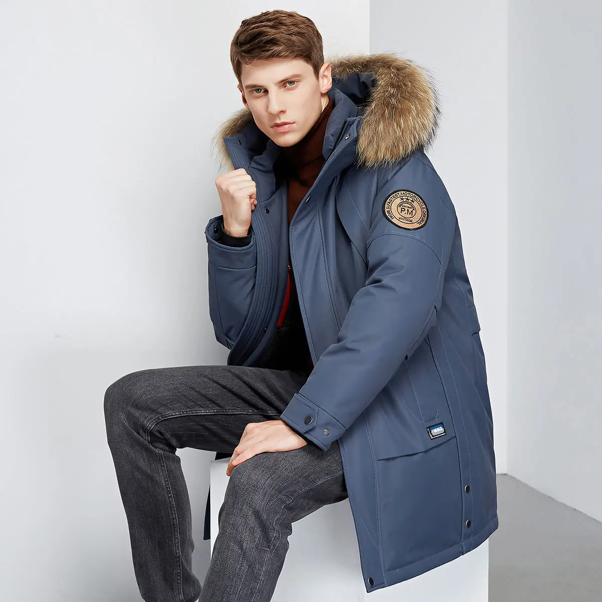 Men's down jacket Winter medium length large fur collar 2022 PI Overcome white eiderdown winter hooded coat