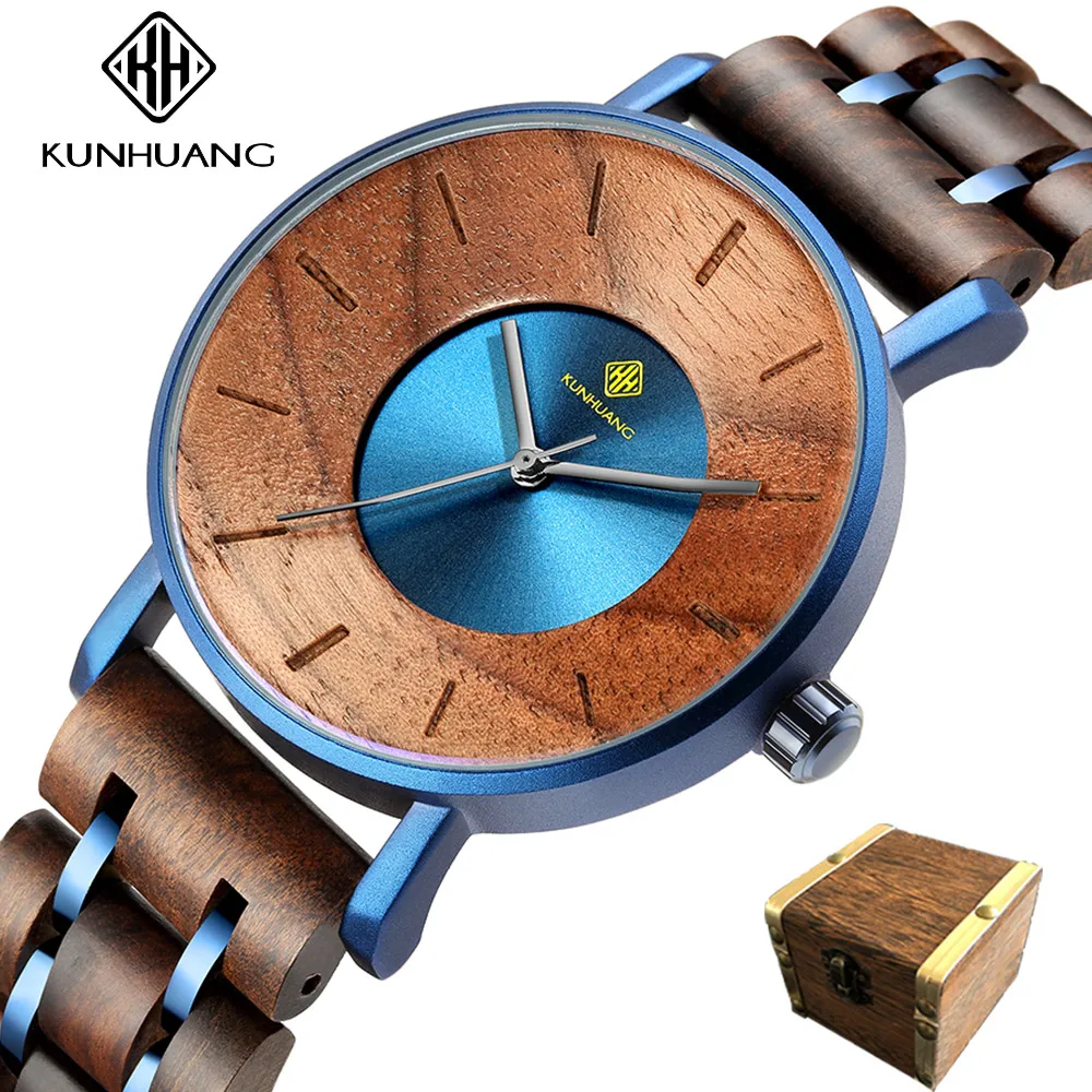 

Роскошные мужские спортивные деревянные часы KUNHUANG, модные мужские деловые деревянные кварцевые часы, простые мужские часы, часы, подарочная коробка
