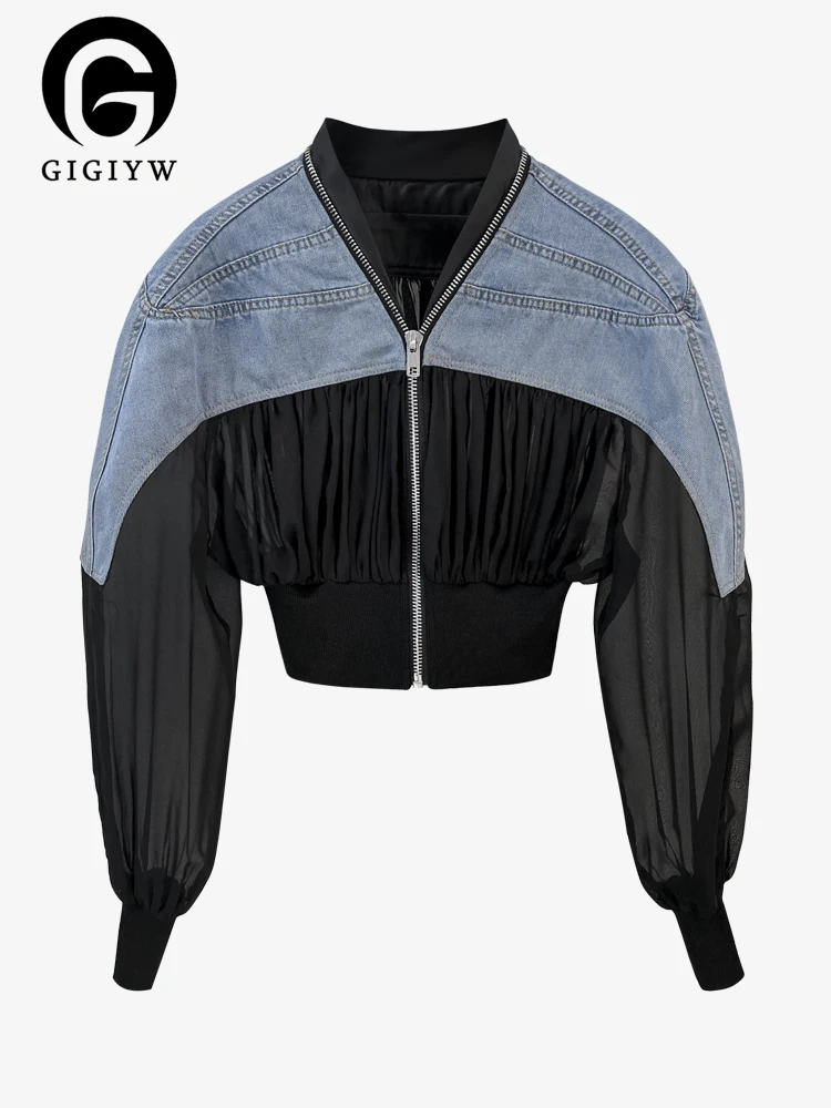 

[GIGIYW] The Designer Recommends V Collar With Jeans zipper Pleats Hem Knitted Long Sleeve Jacket Women Autumn 2022 New KZ244