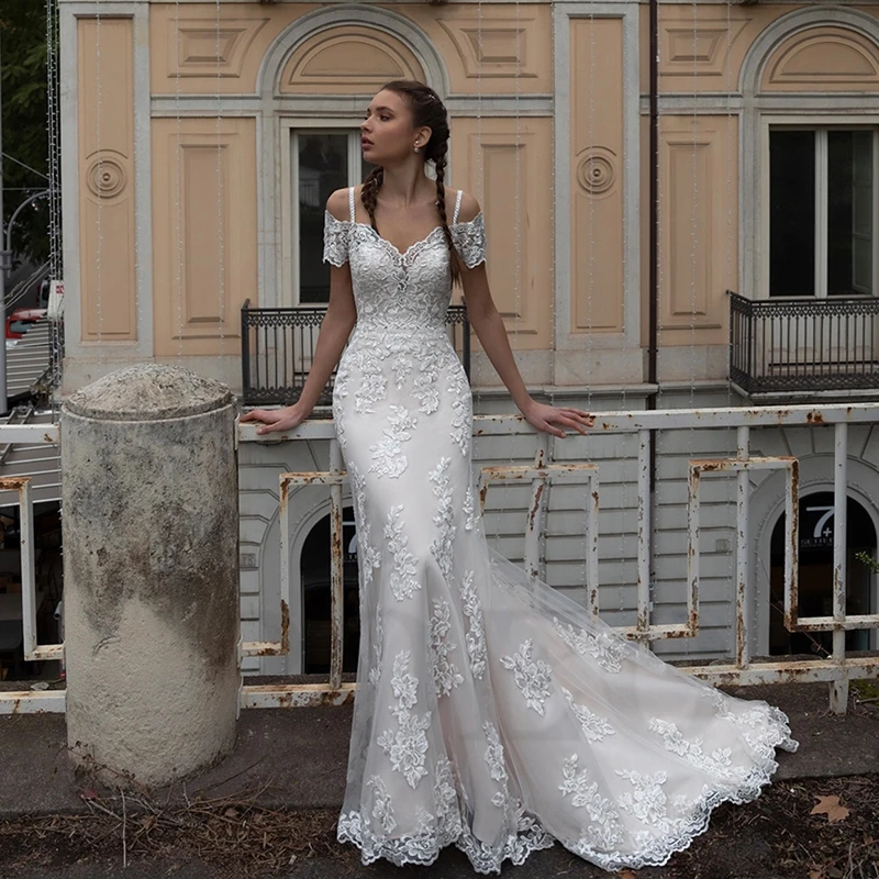 

Elegant MM038 Mermaid Wedding Dress Luxury Exquisite Applique Tulle Off The Shoulder Buttons Vintage Gown Robe De Mariee Women