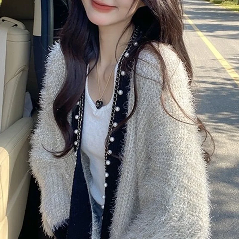 Женский однотонный кардиган с V-образным вырезом длинным рукавом