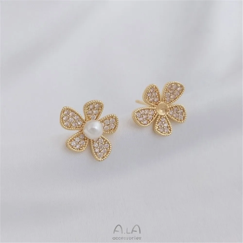 

14K gold and color-protected zircon microinlaid small pearl earrings 925 silver needles diy adhesive crystal pearl earrings