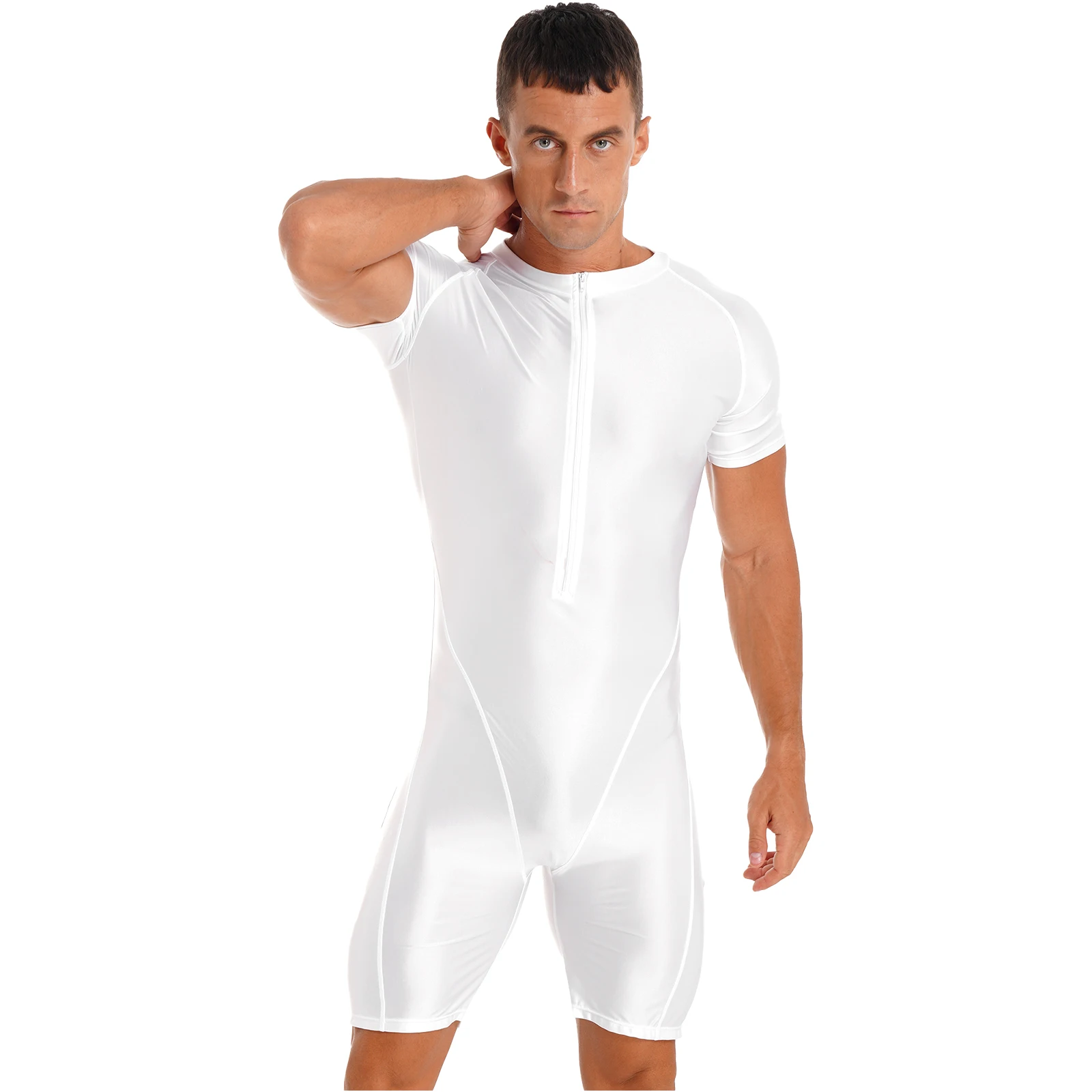 Mens Glossy Jumpsuit Rompers Solid Color Short Sleeve Zipper Bodysuit Swimwear Sportwear Adults Pajamas Playsuits Homewear 2023
