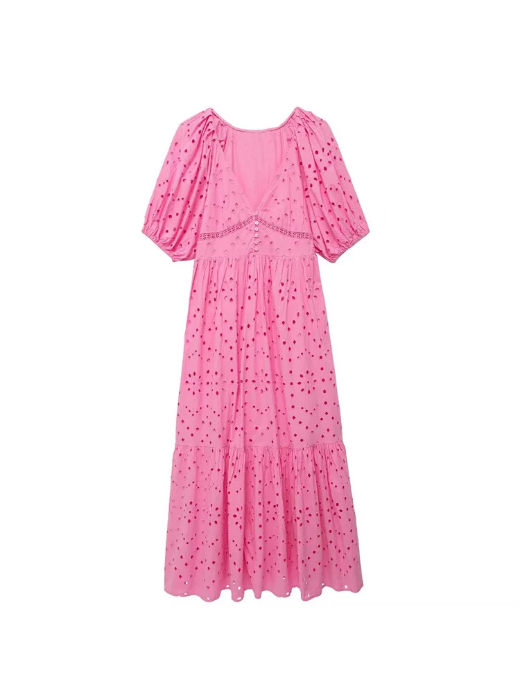 

2022 Summer Women Vintage MIDI Dress Short Sleeve Hollow Out Embroidery V-Neck Female Elegant Mid-Calf Dresses Vestidos