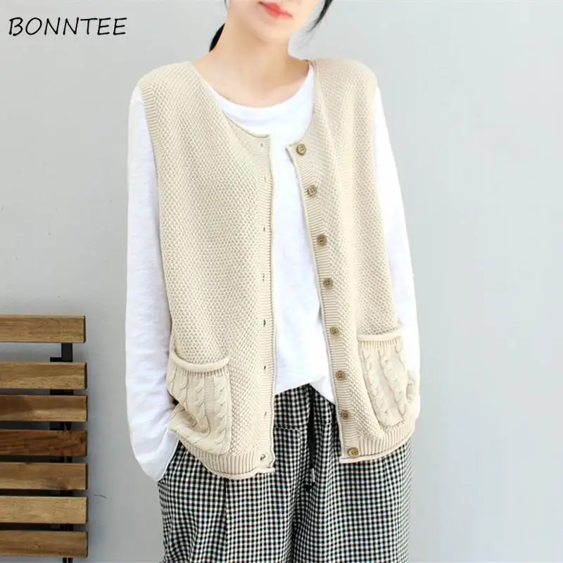 

Sweater Vests Women Solid Pockets Fashion Elegant Casual All-match Streetwear Korean Style Loose Spring Autumn Retro Female New