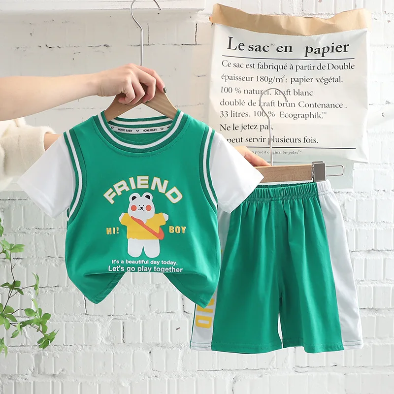 

Летний Детский костюм, повседневная одежда для маленьких мальчиков, мультяшный рюкзак, футболка с принтом + шорты, комплект для младенцев из...