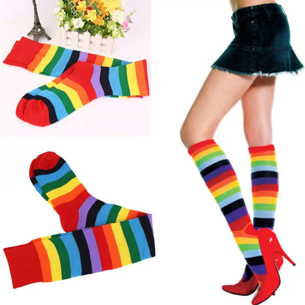 

Fashion Polyester Cotton Socks Rainbow Colorful Stockings High Tights Long Stockings Women Stripey Stockings