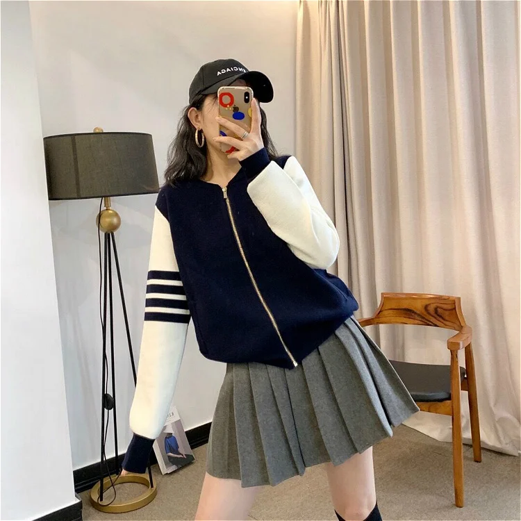 TB baseball uniform sports casual female college style four-bar color-blocking knitted jacket zipper cardigan tide