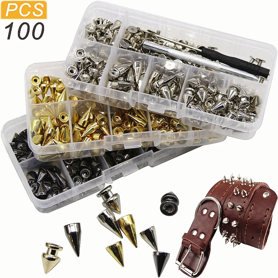 

100 Sets Punk Rivet Screw Studs Spikes Kit with Tools Leather Craft Bullet Cone Tailor DIY Accessories Leather Collar Bracelet