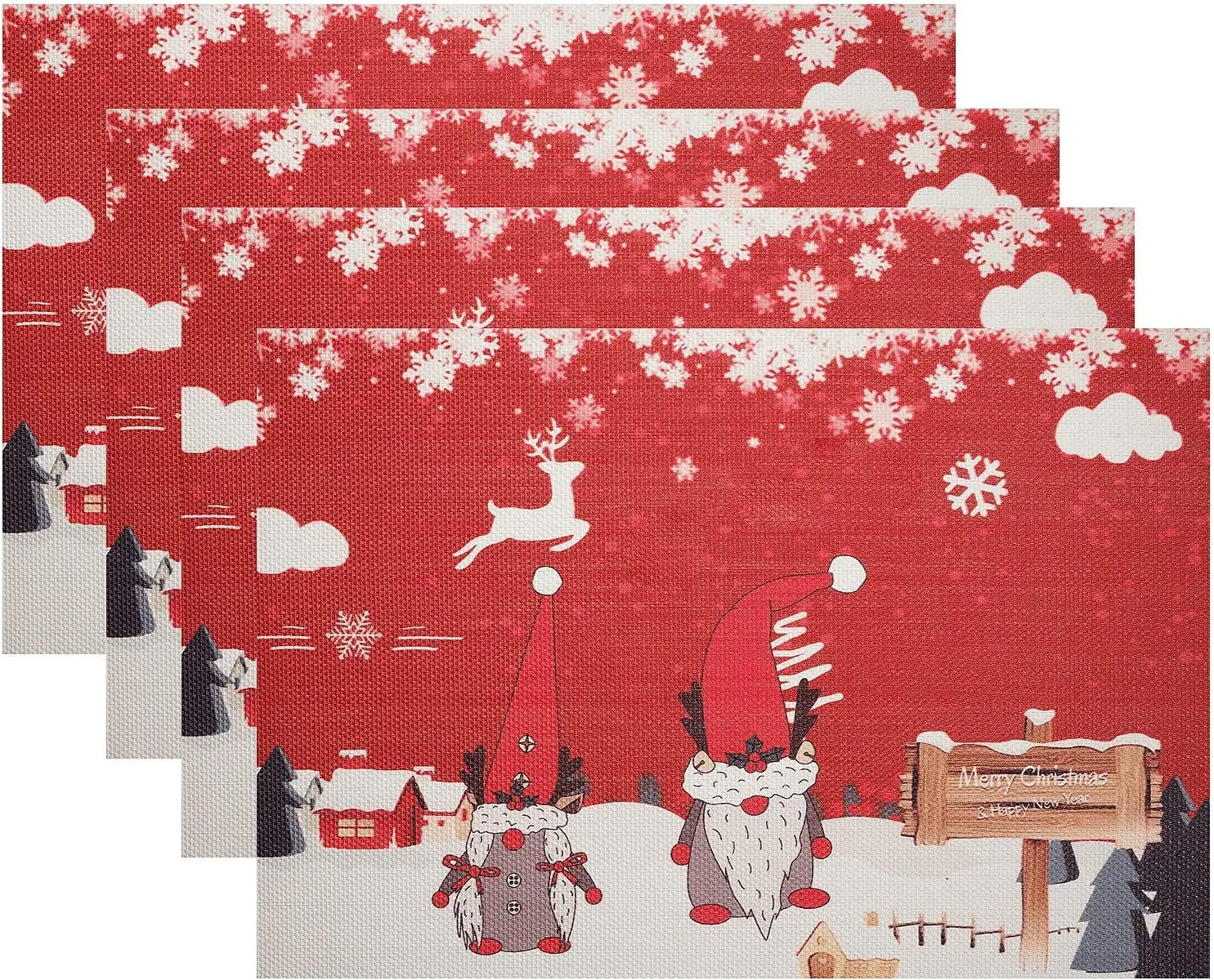 

Christmas Gnome Placemats Set of 4 Holiday Red Festive Elk Snowflakes Dining Table Placemats Heat Resistant Washable Easy Clean