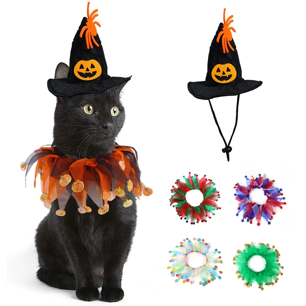 

Pet Halloween Costume Headdress Hat And Bib Scarf Colorful Collar Cat Dog Christmas Dressing Up Clothing Universal