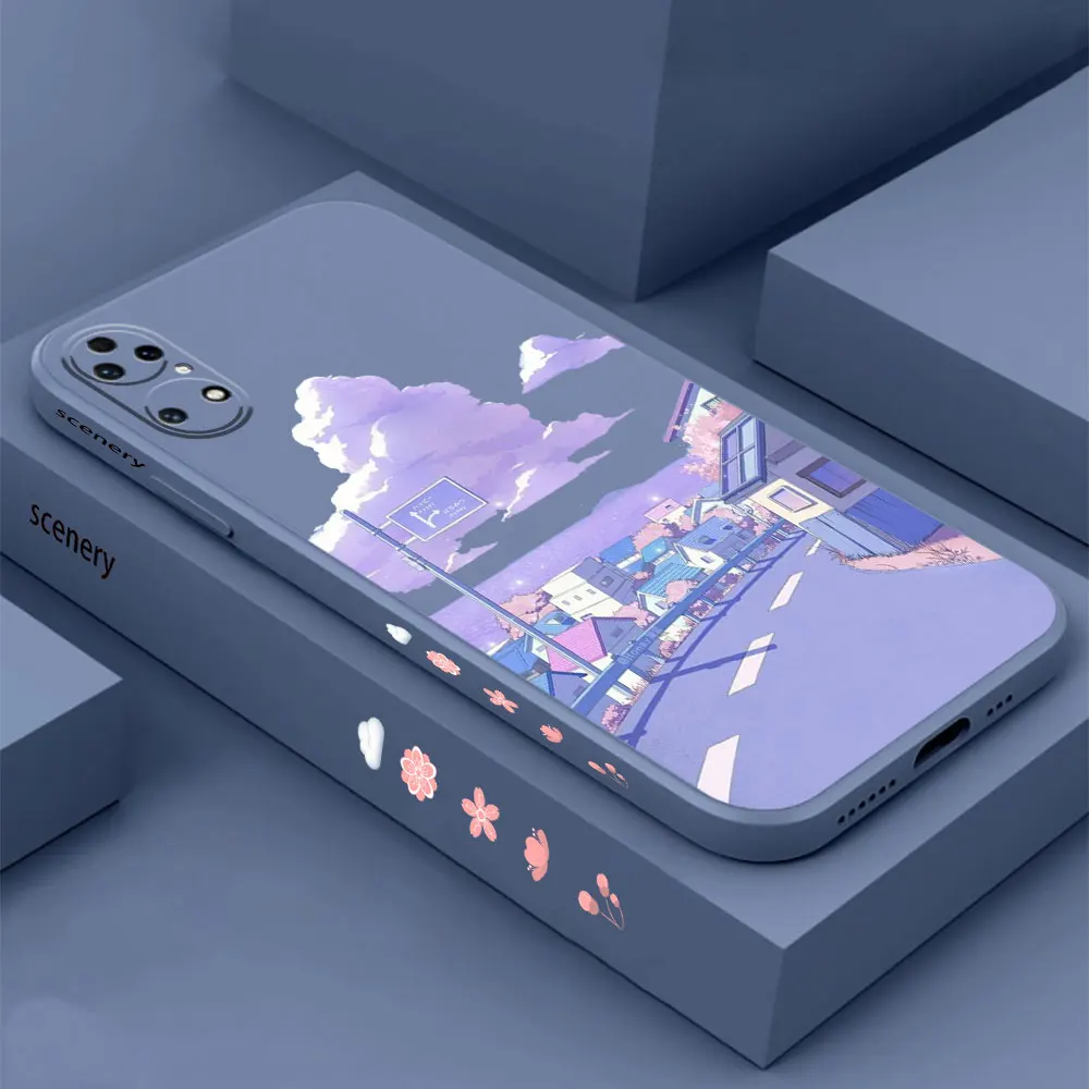 Japan Anime Scenery Landscape Phone Case For Huawei P60 P50 P40 P30 P20 Mate 50 40 30 20 20X 10 Colour Liquid Silicone Cover