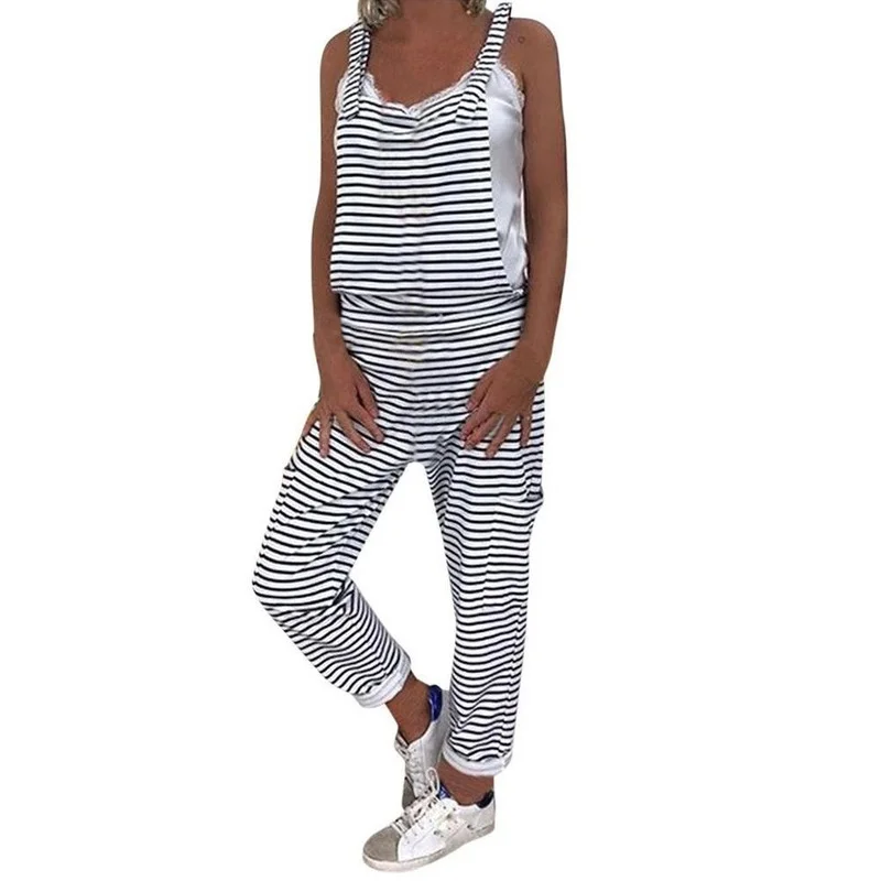 Women Tassel Drawstring Long oversized Jumpsuits 2021 Striped Print Pocket Overalls Summer Loose Casual Female Jumpsuit Stylish