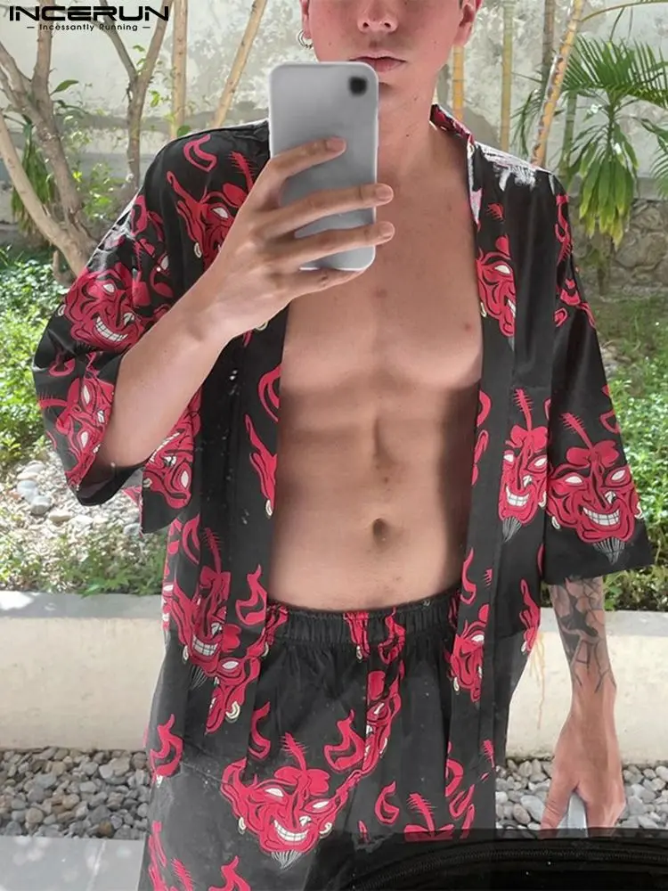 

Fashion Casual Men's Cardigan Sets Printed Six-point Sleeve Five-point Pants Sexy Hot Sale Male Suit 2 Pieces S-5XL INCERUN 2022