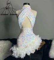 colorful sequined short prom dress 2022 for black girls feathers birthday party gowns halter mini cocktail dresses homecoming