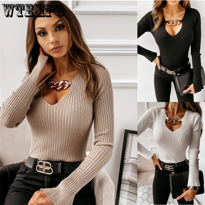 

Sweaters Women Autumn Winter New Jumpers Chain Hollow Out Sexy Slim Pullover Sweaters Fashion Women Knitted Tops Knitted Sweater