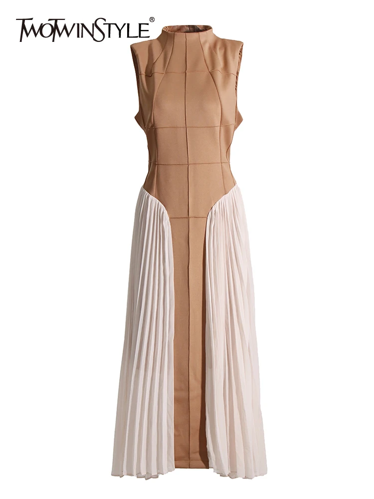 

Женское Сетчатое платье TWOTWINSTYLE, лоскутное платье со складками и воротником-стойкой, без рукавов, с высокой талией