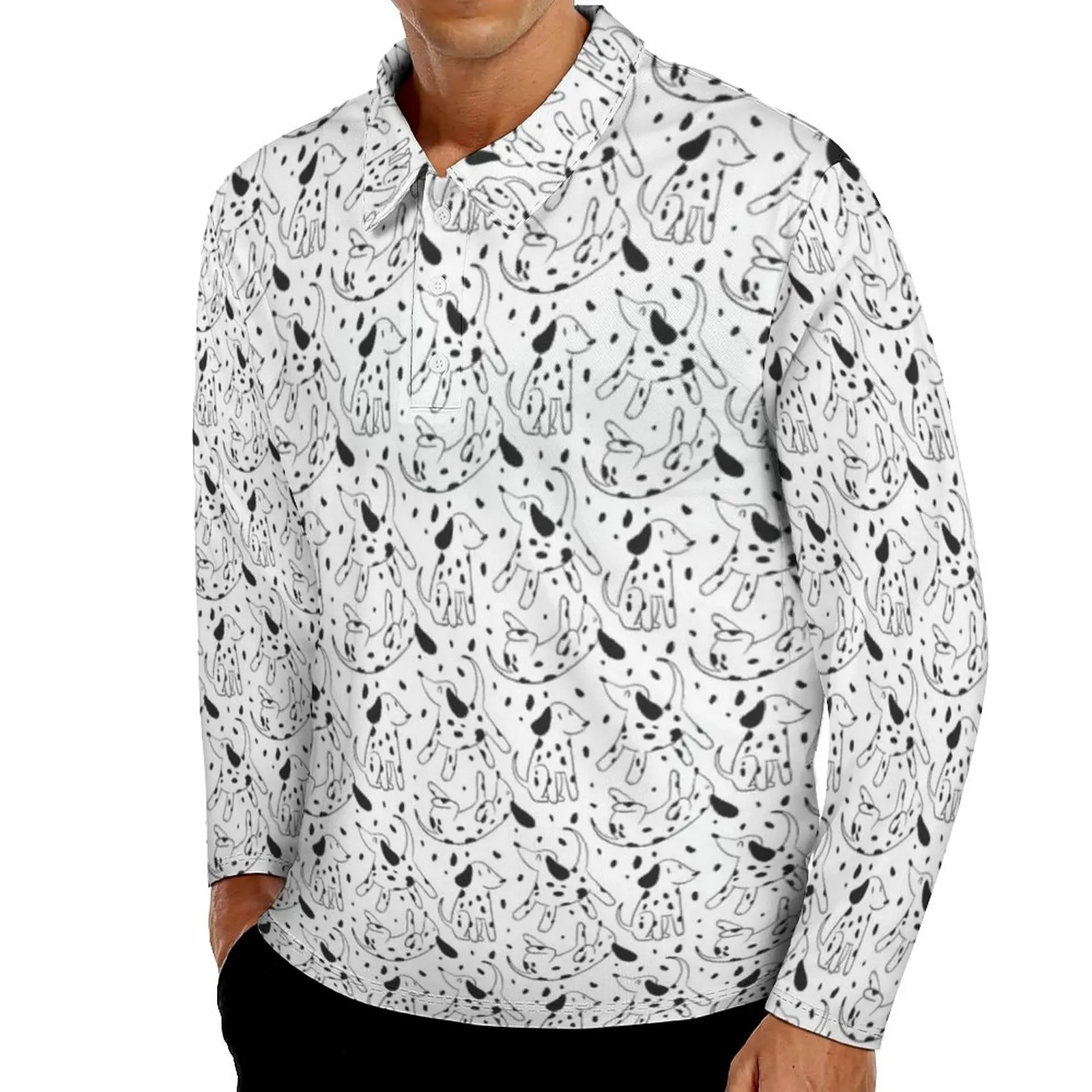 

Далматинские рубашки-поло с принтом, Повседневная рубашка с милым мультяшным животным, рубашка с длинным рукавом и воротником, уличный стил...