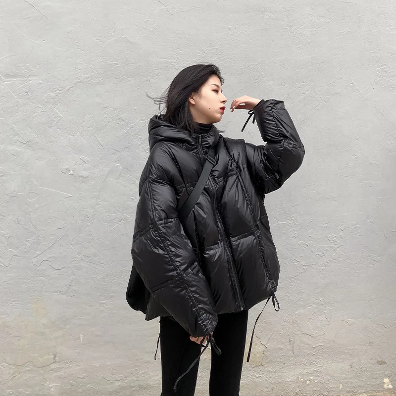 

off-Season down Jacket Women's New Drawstring Loose Large Size Hooded Black Bread Coat Short Thickened Coat